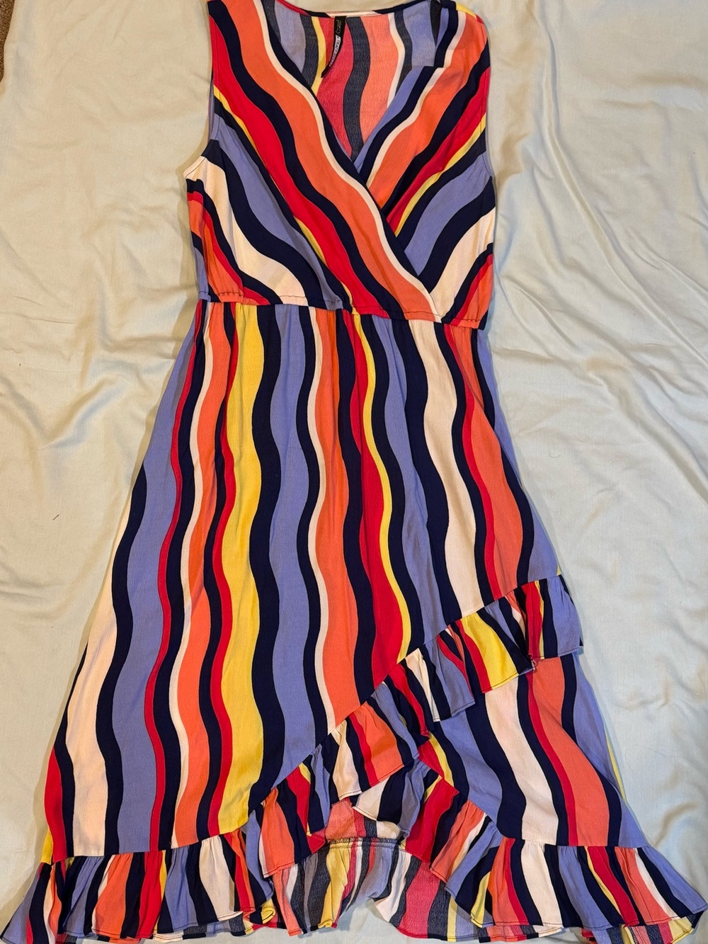 Tracy Reese Multicolor Wavy Stripe Sleeveless Ruffle-Hem Dress